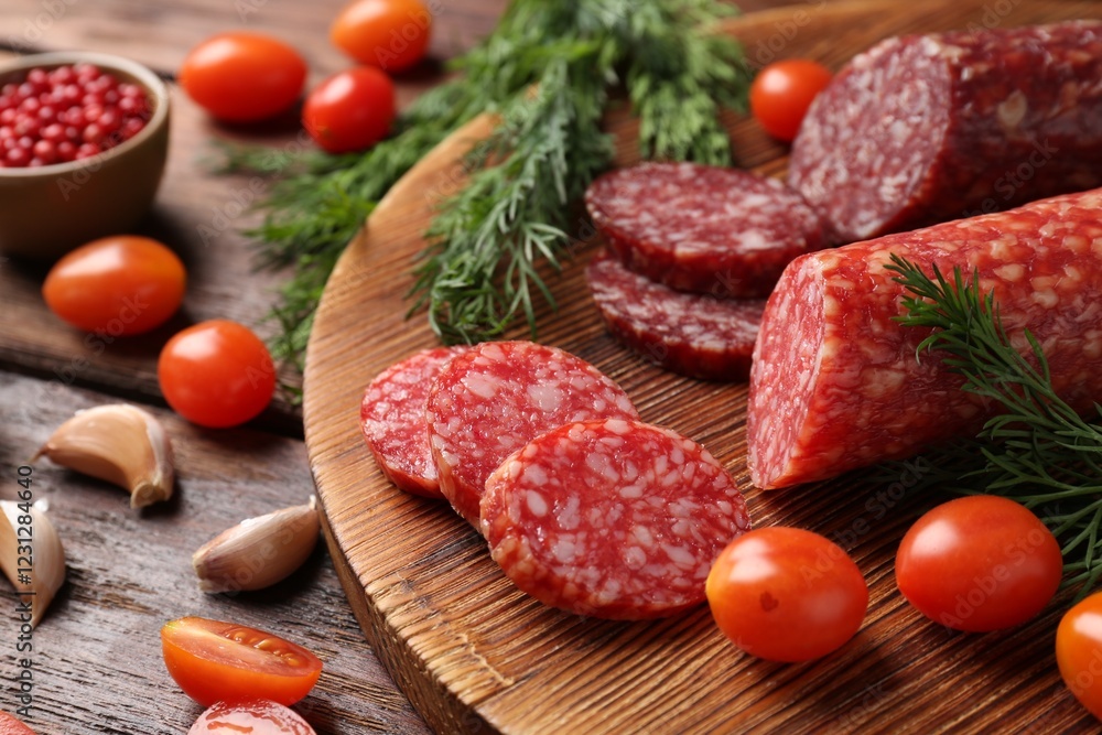 Different smoked sausages, cherry tomatoes and spices on wooden table, closeup Different smoked sausages, cherry tomatoes and spices on wooden table, closeup