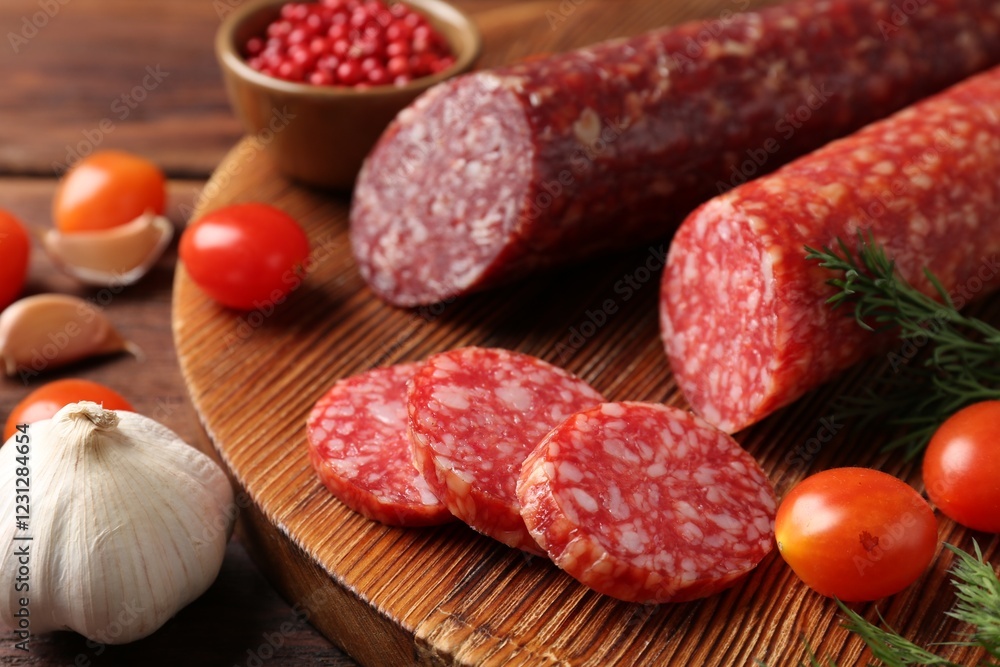 Different smoked sausages, cherry tomatoes and spices on table, closeup Different smoked sausages, cherry tomatoes and spices on table, closeup