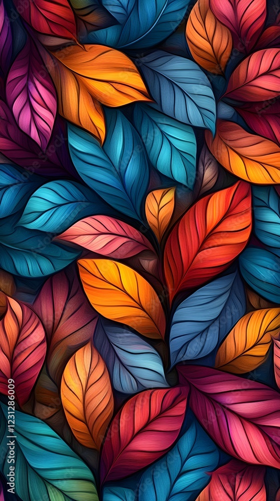 Vibrant Abstract 3D Leaves Pattern with Whimsical Fantastical Motifs in Enchanted Garden Scene Vibrant Abstract 3D Leaves Pattern with Whimsical Fantastical Motifs in Enchanted Garden Scene