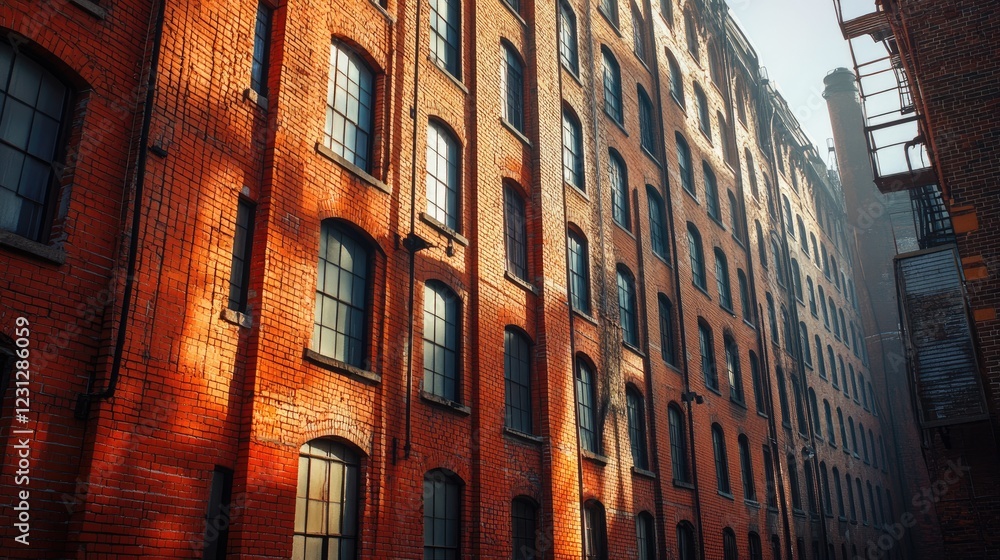 Obraz premium Sunlight casting shadows on historic brick building