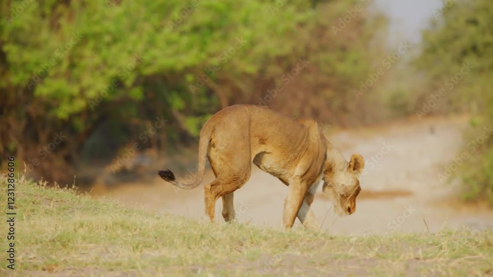 An African Lioness climbing down a small hill. An African Lioness climbing down a small hill.