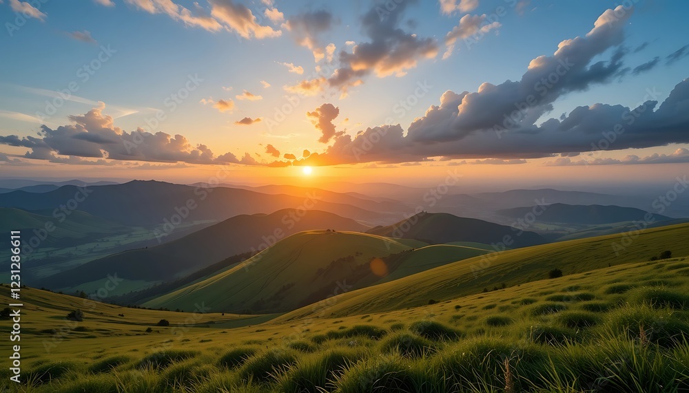 Fototapeta premium Majestic Sunset Over Rolling Green Hills and Mountains, Dramatic Sky with Clouds, Breathtaking Nature Landscape Photography