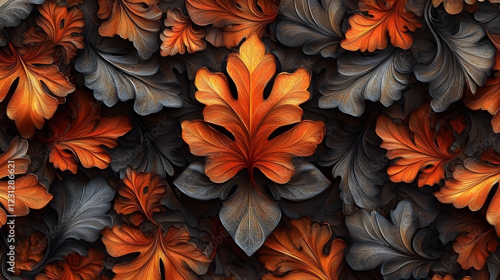 Opulent Autumn Leaf Botanical Pattern with Layered Ornate Designs in Rich Jewel toned Hues Opulent Autumn Leaf Botanical Pattern with Layered Ornate Designs in Rich Jewel toned Hues