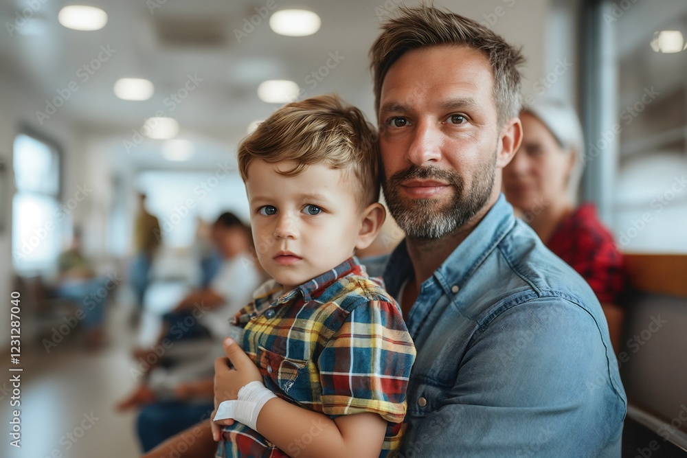 Obraz premium A father holds his young son with a bandage on his knee, displaying a reassuring expression amidst a bustling pediatric waiting room filled with families and children