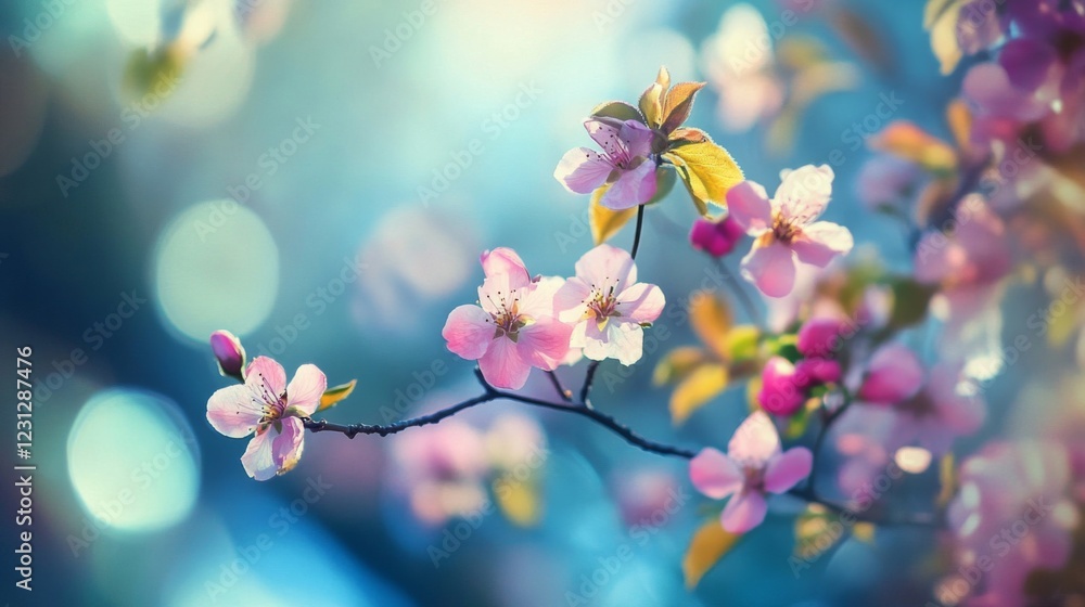 Pink Blossoms on Branch Soft Focus Blue Background Pink Blossoms on Branch Soft Focus Blue Background