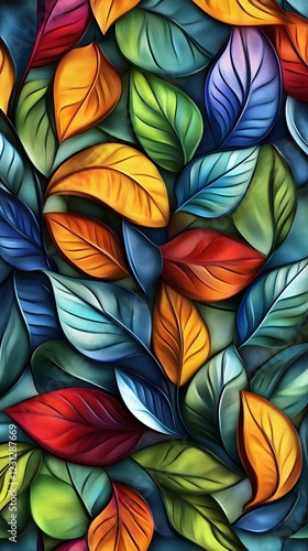 Vibrant and Harmonious Abstract Foliage Pattern with Jewel Toned Iridescent Leaves