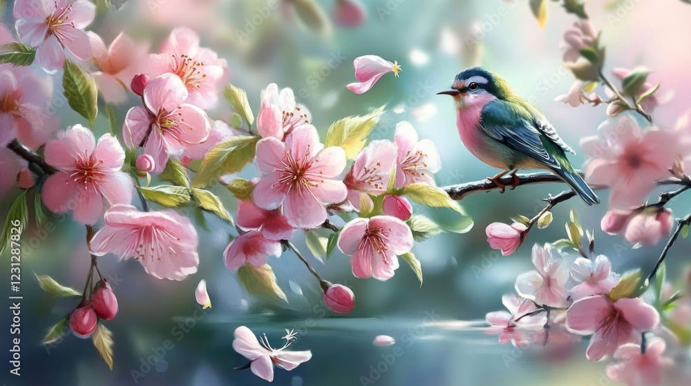 Blue Bird Perched on Pink Cherry Blossom Branch Blue Bird Perched on Pink Cherry Blossom Branch