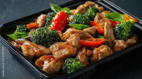 prepackaged microwaveable meal with stir fried chicken, broccoli, and red peppers photo