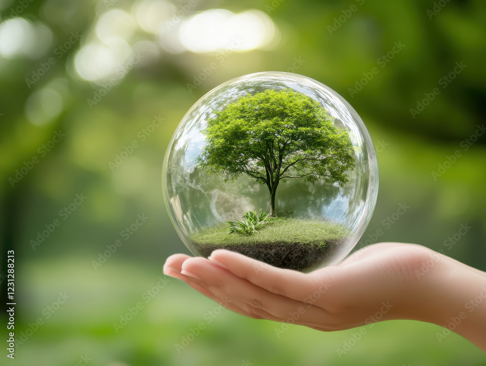vibrant tree growing inside clear glass sphere held in hand symbolizes nature beauty and protection. This evokes sense of harmony and environmental awareness vibrant tree growing inside clear glass sphere held in hand symbolizes nature beauty and protection. This evokes sense of harmony and environmental awareness