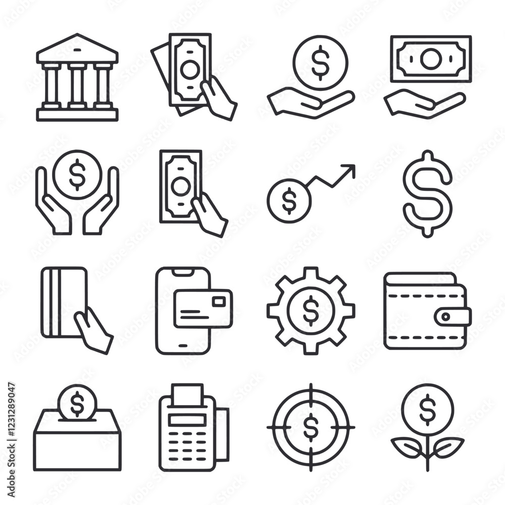A set of money related icons including a bank, a wallet, a phone, a calculator A set of money related icons including a bank, a wallet, a phone, a calculator