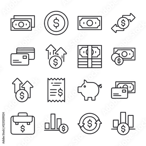 A set of money related icons including a piggy bank, a briefcase