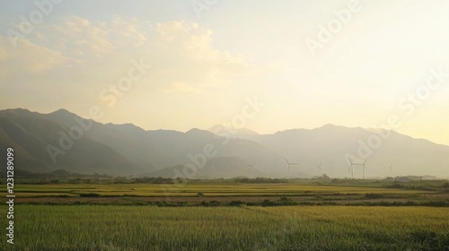 Wallpaper Mural Serene landscape with mountains, fields, and wind turbines under a hazy sky. Torontodigital.ca