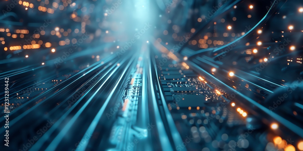 Obraz premium Fast data transmission through fiber optic cables, carefully routed across white circuit boards mounted on high-end server cabinets. The foreground features sharp lighting, while the background is blu