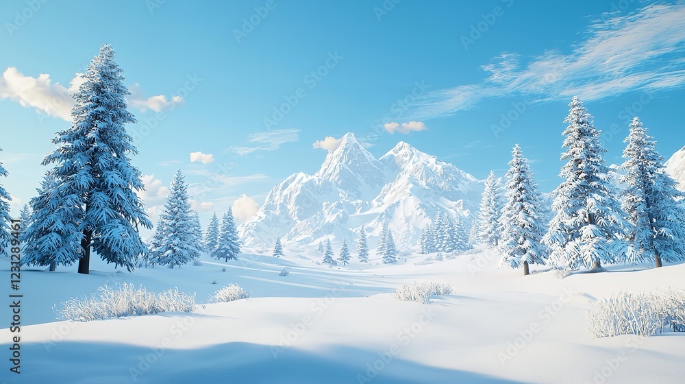 A Snowy Winter Day with Fir Trees in Snow Drifts and Mountain Views A Snowy Winter Day with Fir Trees in Snow Drifts and Mountain Views