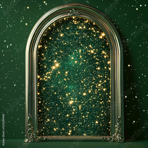 Silver arched frame with glowing stars on a deep green backdrop photo