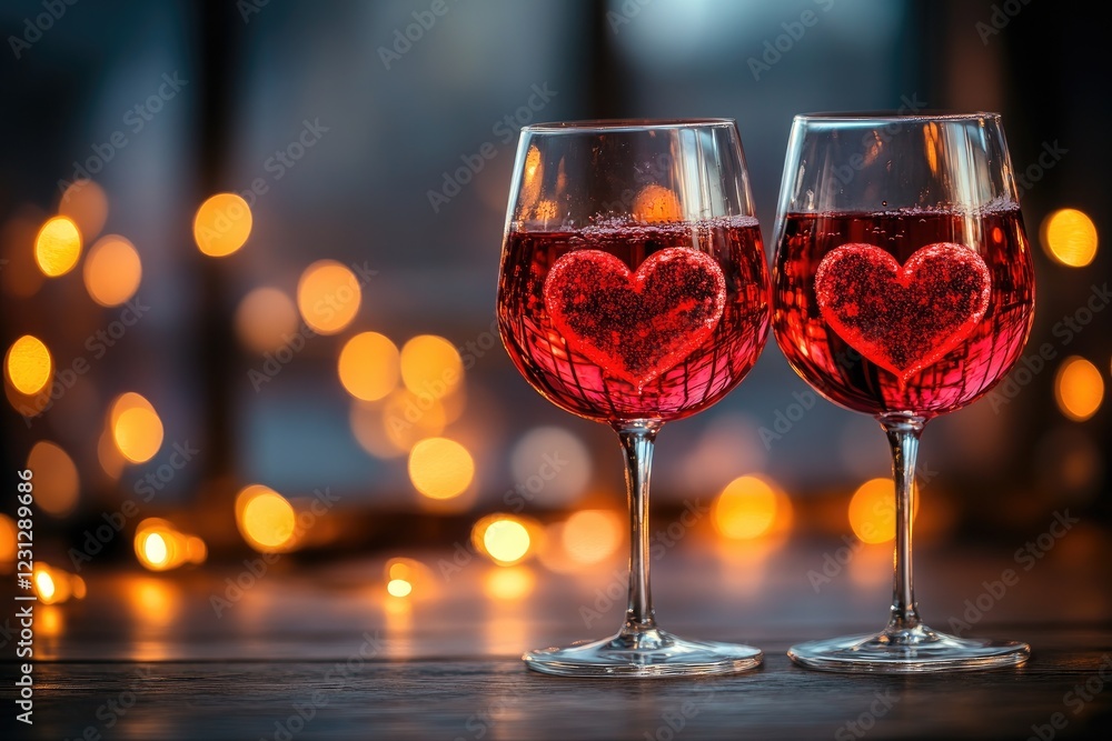 Two glasses of wine with heart-shaped ice cubes creating a romantic atmosphere Two glasses of wine with heart-shaped ice cubes creating a romantic atmosphere