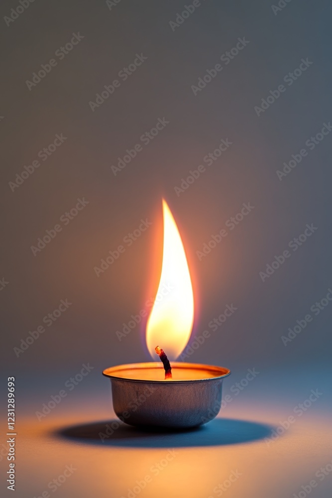 A candle is lit and the flame is yellow. The candle is in a small metal container. The image has a warm and cozy feeling A candle is lit and the flame is yellow. The candle is in a small metal container. The image has a warm and cozy feeling