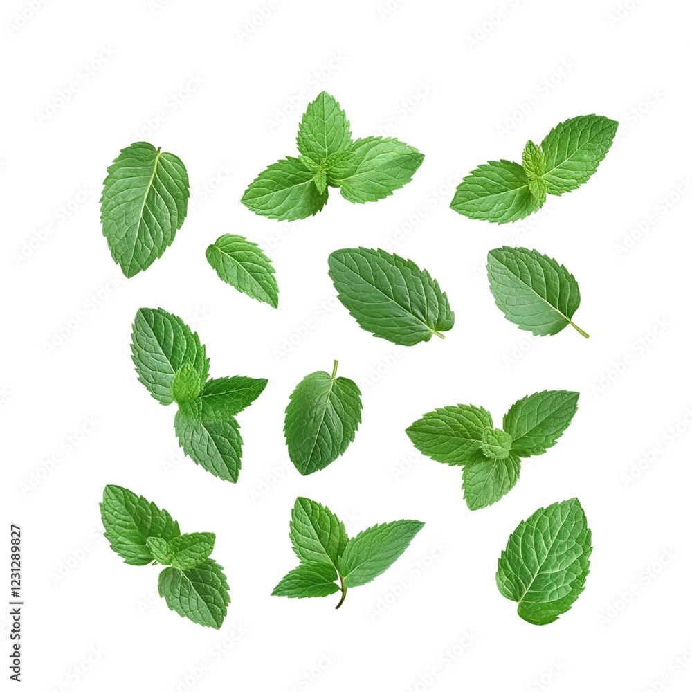 Set of fresh mint leaves viewed from above top Set of fresh mint leaves viewed from above top