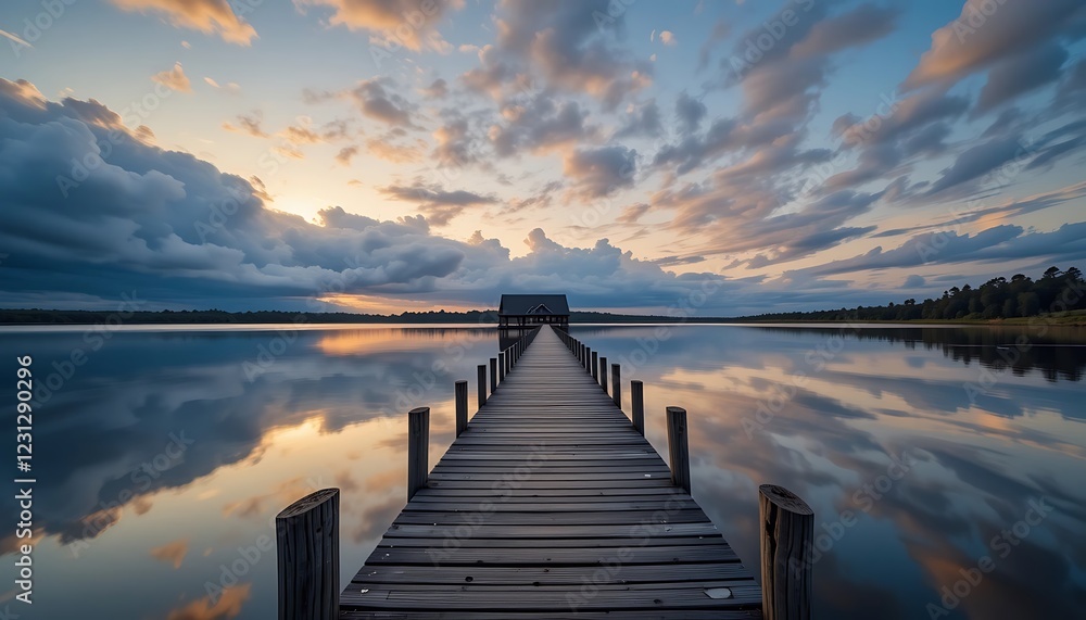 Fototapeta premium Serene Sunset over Calm Lake with Wooden Dock Leading to Lakeside House