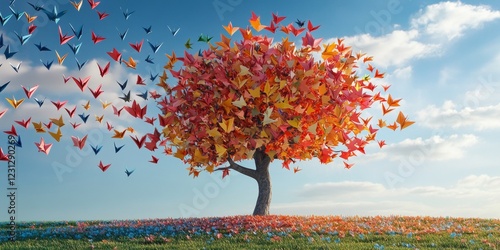 Origami Tree with Flying Birds in a Peaceful Landscape
