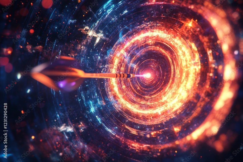 Obraz premium A glowing orange ball with a bright blue arrow shooting through it. The arrow is pointing to the right