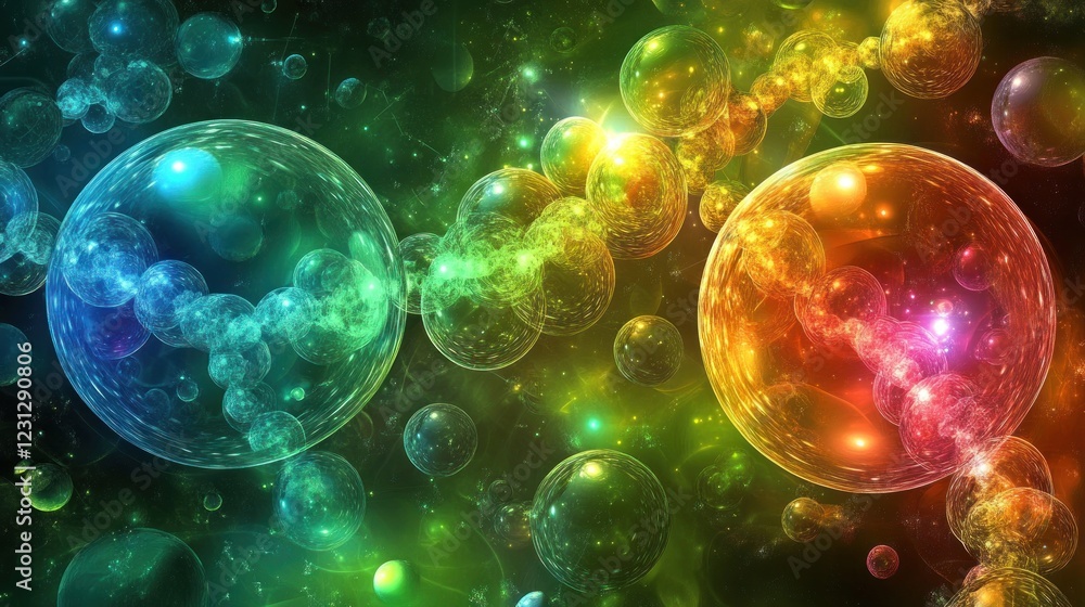 Colorful abstract representation of bubbles and cosmic elements in a vibrant space setting. Colorful abstract representation of bubbles and cosmic elements in a vibrant space setting.