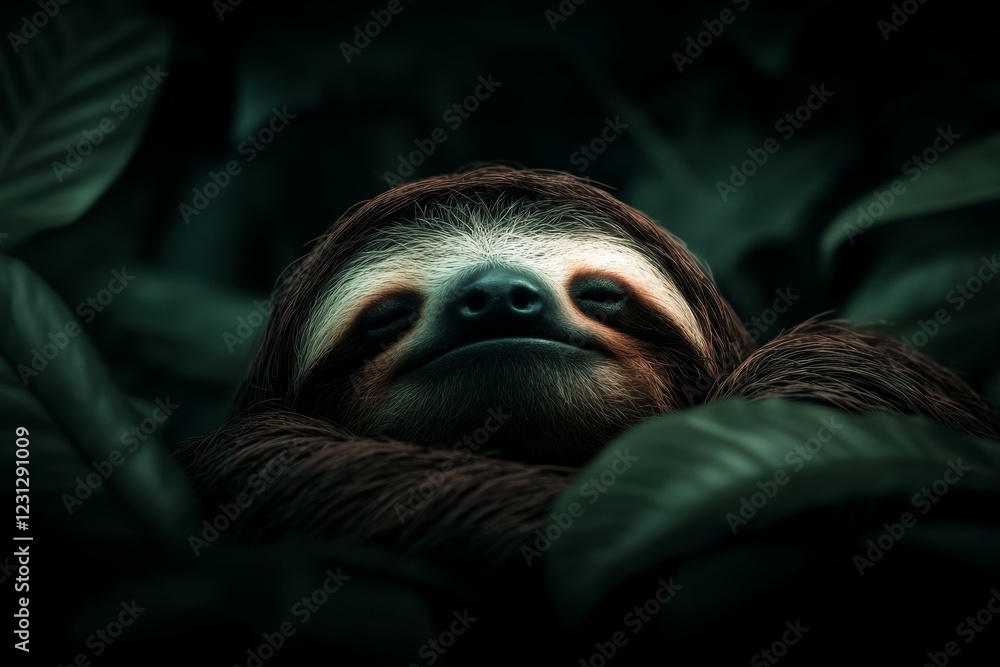 Fototapeta premium Tranquil Sloth Relaxing Amidst Lush Foliage in Serene Jungle Setting