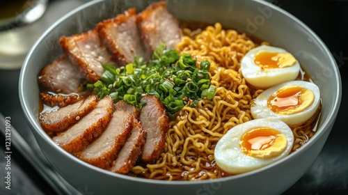 Delicious ramen bowl with pork and egg japanese cuisine food photography indoor setting close-up culinary delight photo