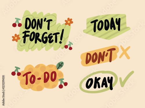 Note Text Sticker Set for Journaling with Handwritten Aesthetic and Decorative Elements