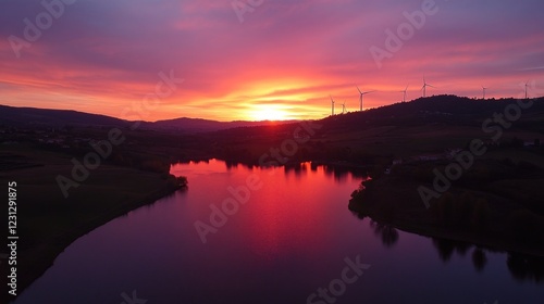 A stunning sunset over a calm lake, with silhouettes of wind turbines in the background.