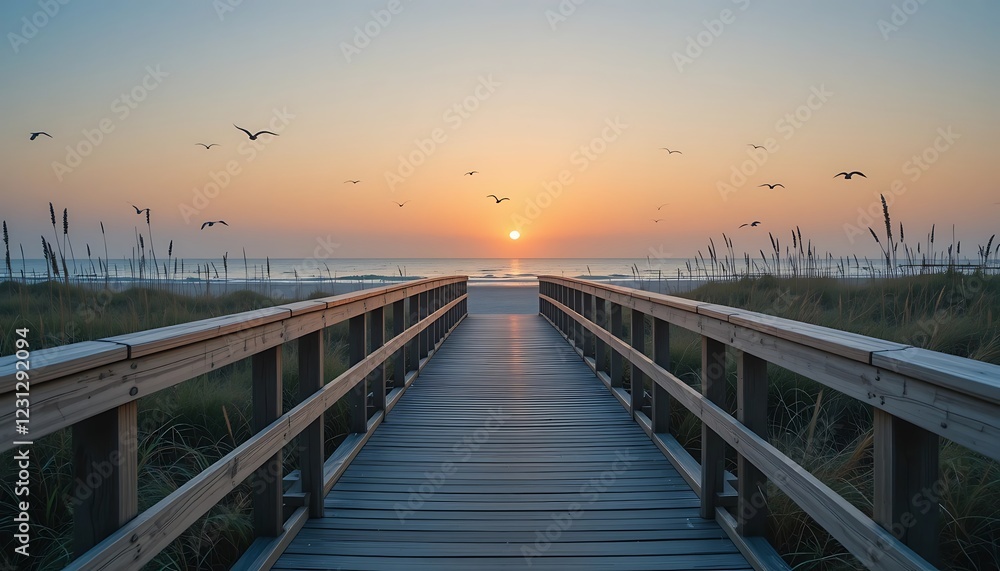 Serene sunrise over tranquil beach with wooden boardwalk path leading to ocean horizon, peaceful morning scene with flying birds. Serene sunrise over tranquil beach with wooden boardwalk path leading to ocean horizon, peaceful morning scene with flying birds.