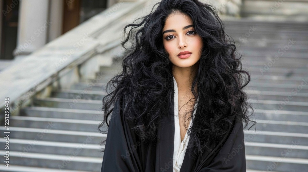 Captivating portrait of a young woman with curly hair urban stairs fashion photography outdoors eye-level beauty concept Captivating portrait of a young woman with curly hair urban stairs fashion photography outdoors eye-level beauty concept