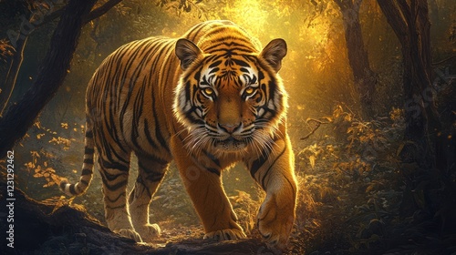 Majestic tiger stalking in sunlit forest photo