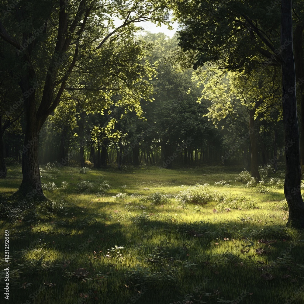 Obraz premium Sunlit forest clearing with lush greenery, dappled light, and tranquil atmosphere in a woodland setting.