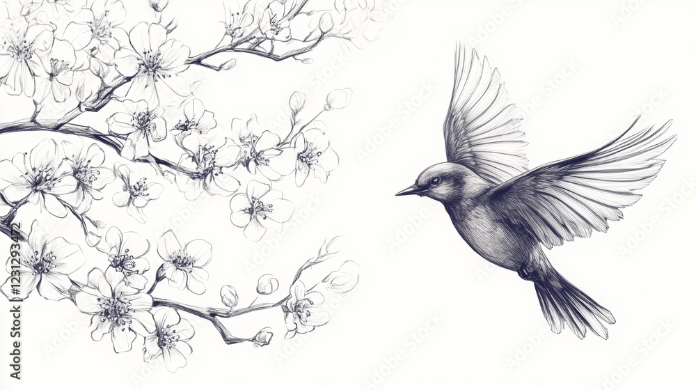 Fototapeta premium Bird in Flight Above Cherry Blossoms: A Penciled Masterpiece of Nature's Beauty