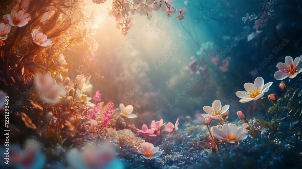Enchanted Forest with Pink and Blue Blossoms Enchanted Forest with Pink and Blue Blossoms