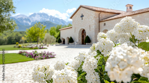 Wallpaper Mural White flowers foreground, stone church background, mountain view, wedding venue Torontodigital.ca