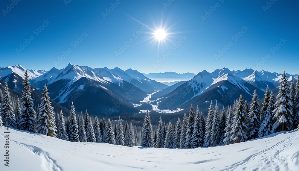 Fototapeta premium Stunning panoramic view of snow-capped mountains and snow-covered evergreen trees under a bright winter sun