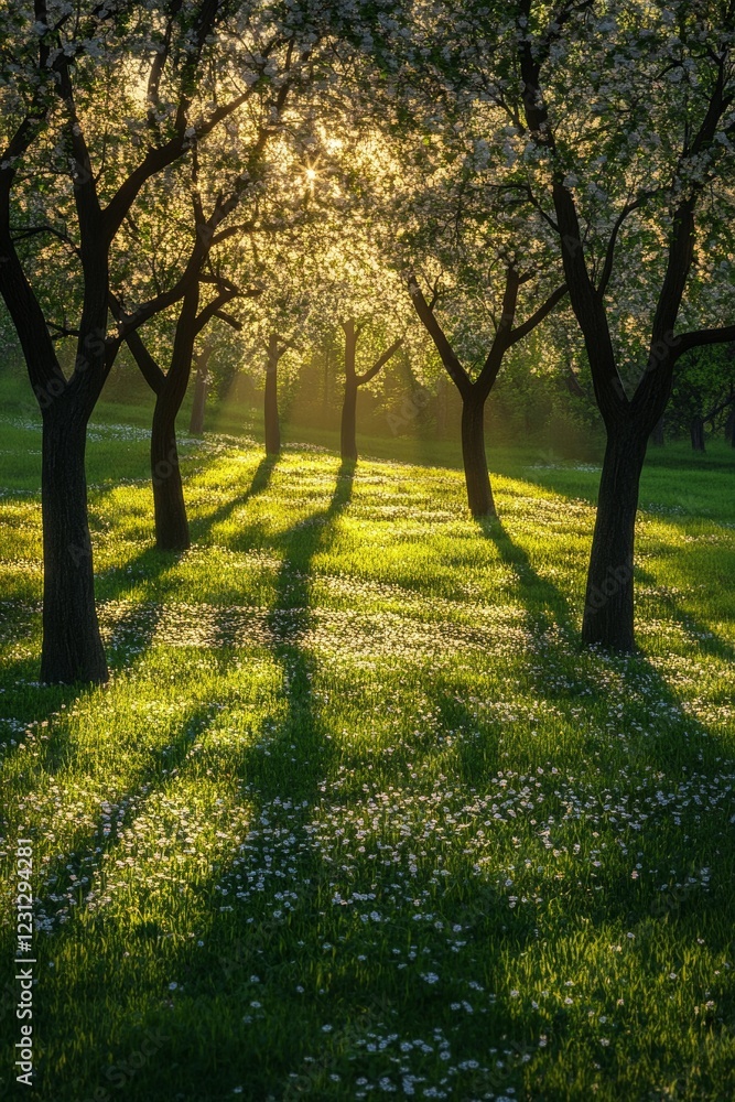 Springtime Meadow with Sunbeams and Blossoms Springtime Meadow with Sunbeams and Blossoms