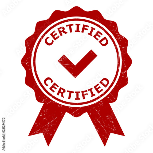 Grunge Red color Certified Stamp Template isolated on white background. Official Label Png format. Vector Quality stampler icon. Vintage Modern certificate seal Stamp. Certified Ribber stamp symbol