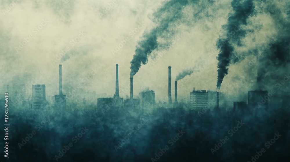 Obraz premium A moody depiction of industrial smoke stacks releasing dark fumes into a dense urban atmosphere, highlighting the challenges of pollution and environmental impact.