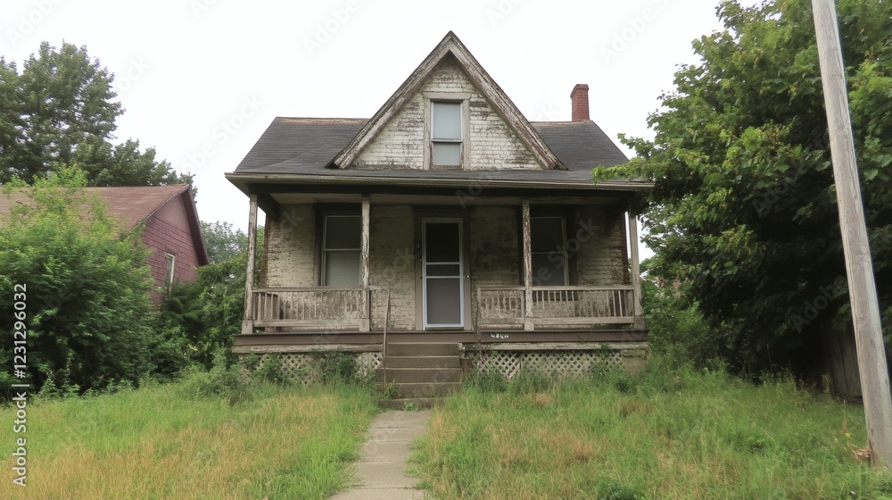 Overgrown Victorian House, Abandoned Home, Weathered Facade Overgrown Victorian House, Abandoned Home, Weathered Facade