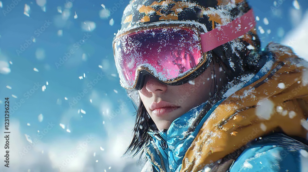 A Woman Wearing a Blue and Gold Winter Jacket in a Snowy Landscape A Woman Wearing a Blue and Gold Winter Jacket in a Snowy Landscape