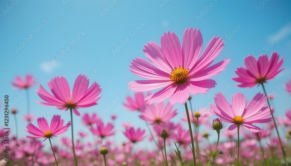 Vibrant Pink Cosmos Flowers Blooming in a Field Under a Clear Blue Sky Vibrant Pink Cosmos Flowers Blooming in a Field Under a Clear Blue Sky