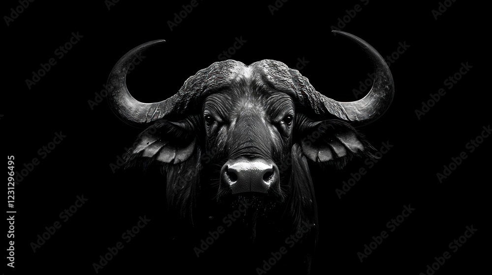 A striking black and white image of a buffalo's head against a dark background. A striking black and white image of a buffalo's head against a dark background.