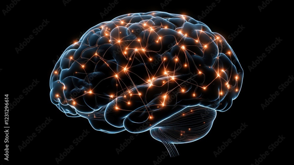 A digital representation of a brain with glowing neural connections. A digital representation of a brain with glowing neural connections.