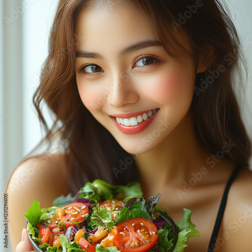 Smiling Woman Enjoying a Fresh and Healthy Salad by a Bright Window photo