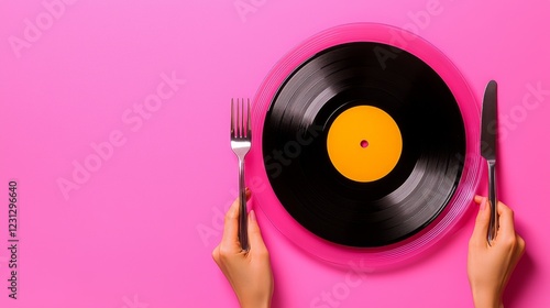Dining experience with a vinyl twist urban setting food art playful atmosphere top-down view creative concept