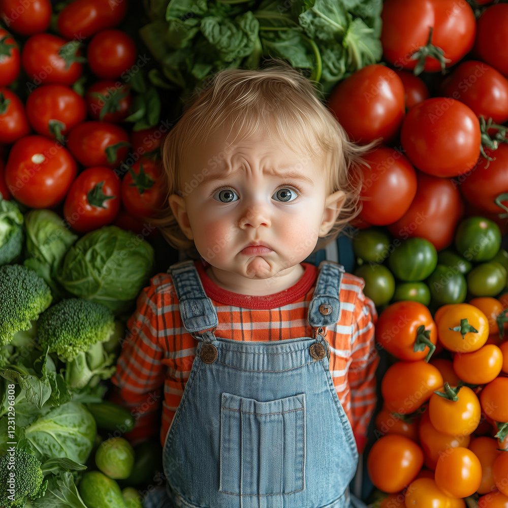 Fototapeta premium Adorable Toddler Making a Pouty Face Surrounded by Fresh Vegetables.