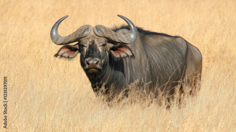 A solitary buffalo stands in tall grass, showcasing its powerful presence in the wild. A solitary buffalo stands in tall grass, showcasing its powerful presence in the wild.